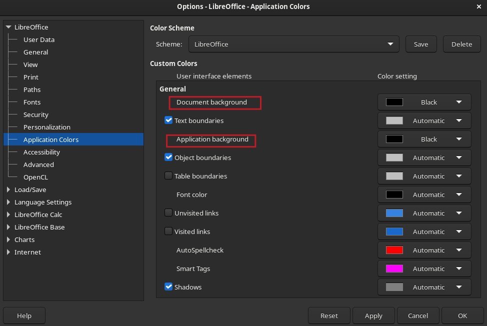 Changing Application Colours Settings in LibreOffice