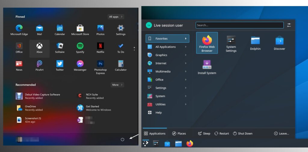 Comparison of Windows 11 Start Menu and KDE Plasma