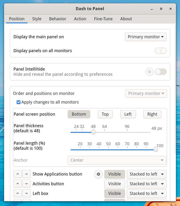 Dash to Panel settings
