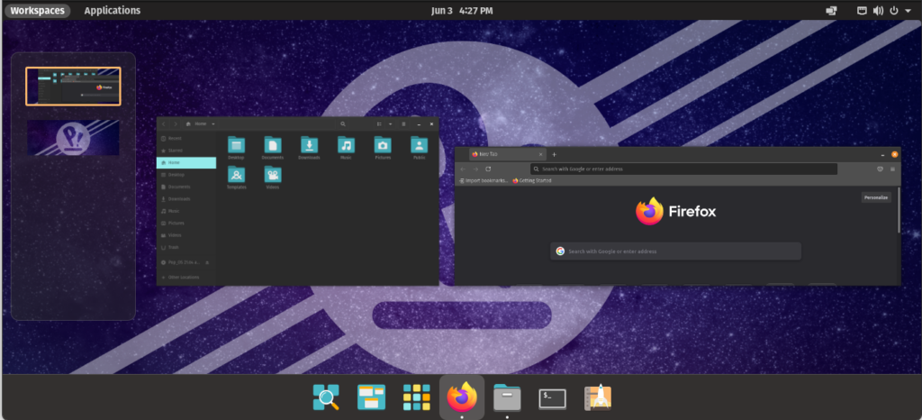 Pop OS 21.04 Workspace View