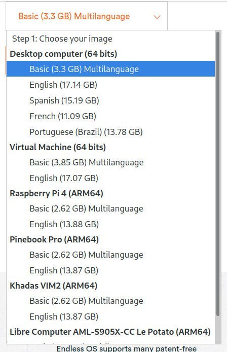 Download options of Endless OS