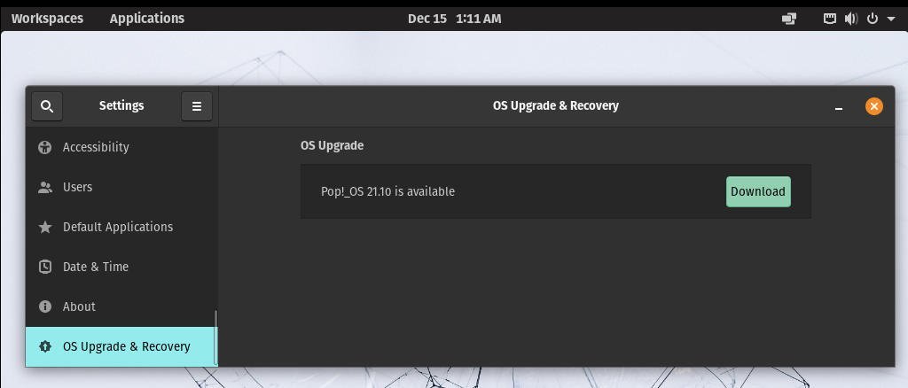 Pop OS 21.10 Upgrade via Settings