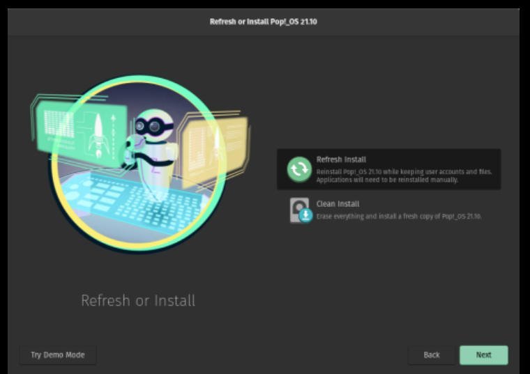 Refresh OS in POP OS 21.10
