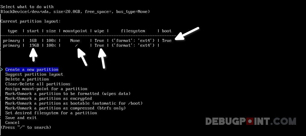 Final partition table for archinstall