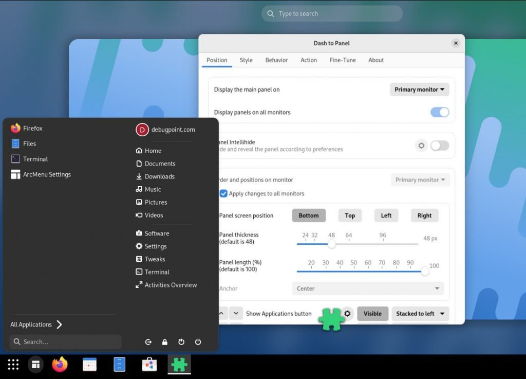 Dash to Panel with its settings - best extensions of 2022