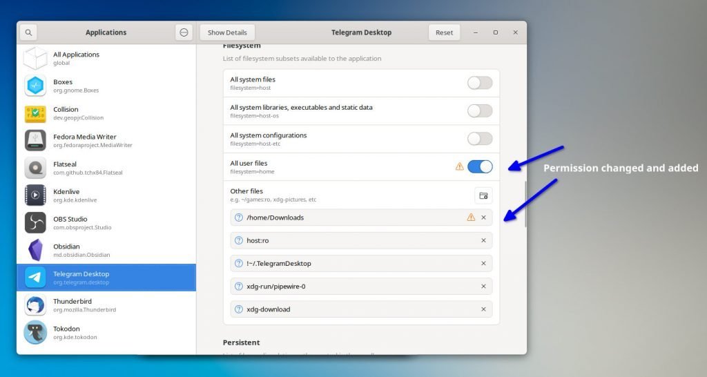 Permission changed of Telegram Desktop to give access to folders