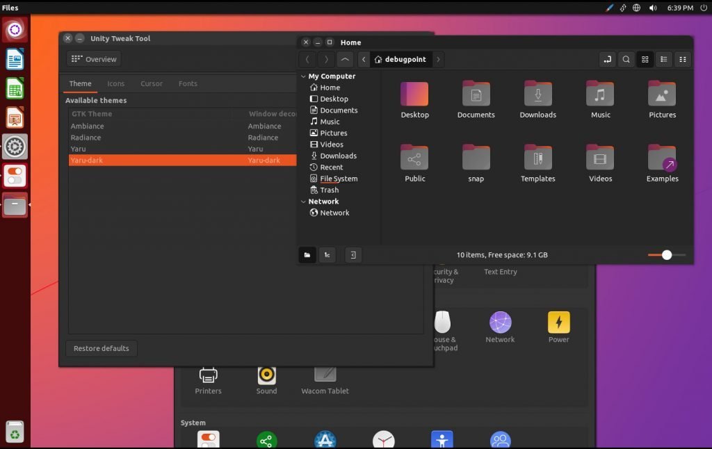 Yaru Dark Theme in Ubuntu Unity 22.10