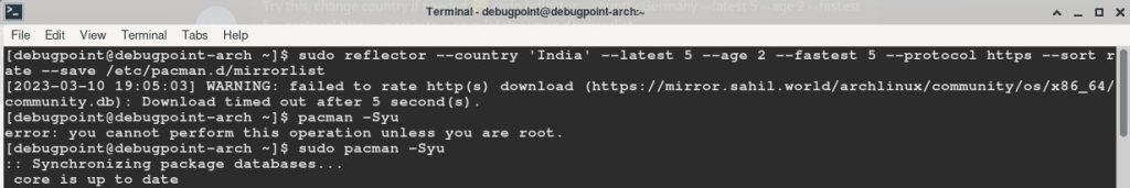 Running the reflector command to update mirrorlist