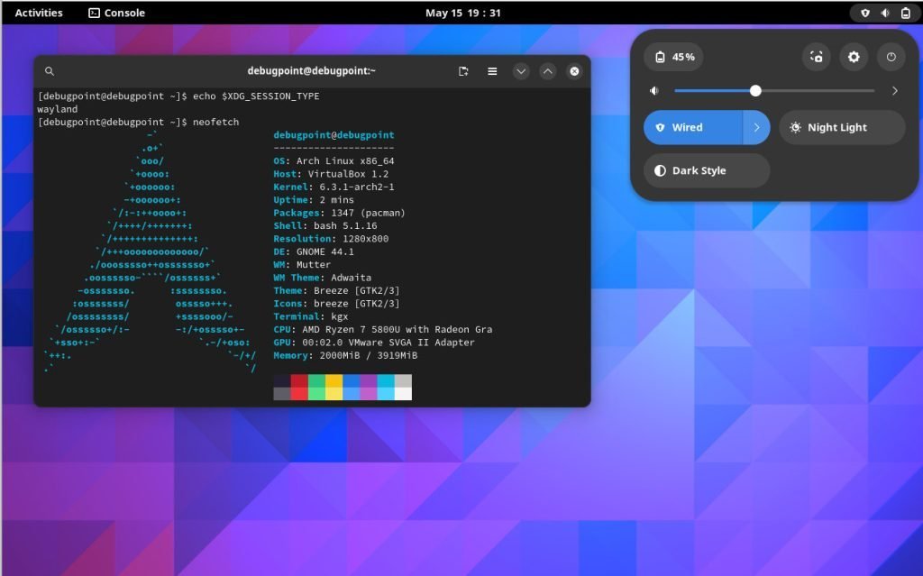 GNOME with Wayland running in Arch Linux