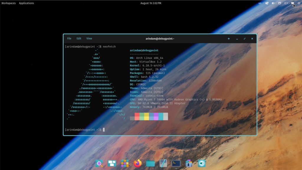 COSMIC Desktop after install in Arch Linux