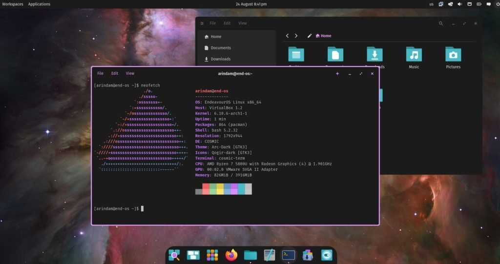 COSMIC desktop running in Endeavour OS