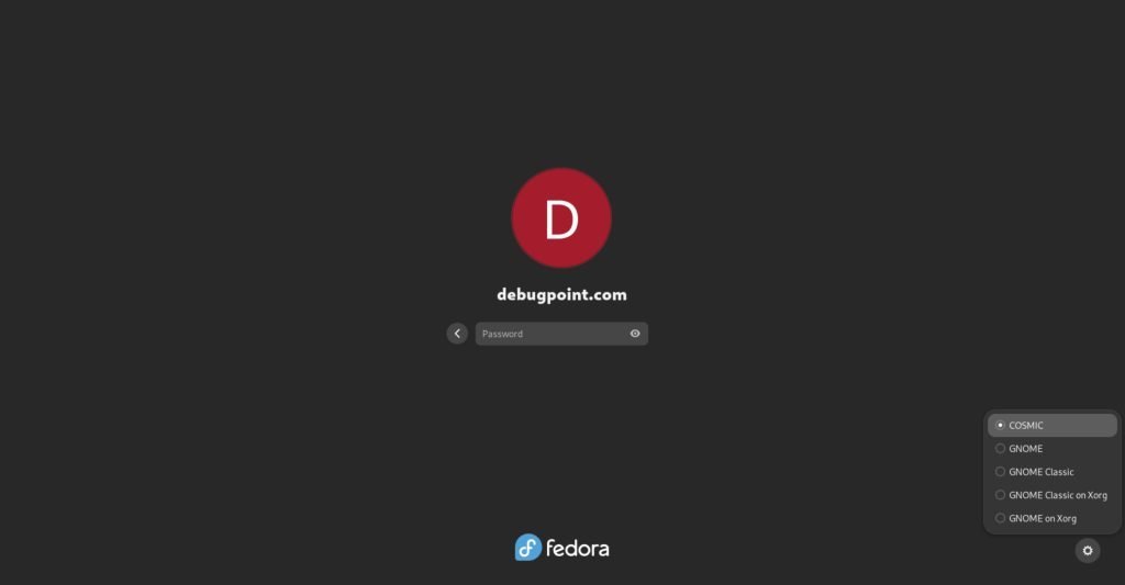COSMIC session during login in Fedora