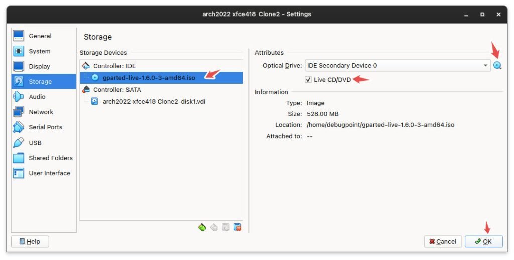 Attaching GParted LIVE ISO to your VM