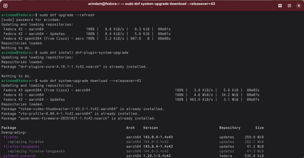 Fedora 43 - initiating upgrades