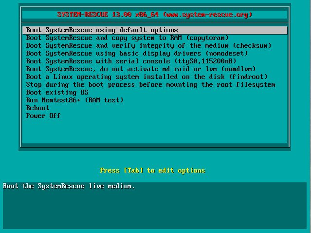 SystemRescue 13.0 Boot screen