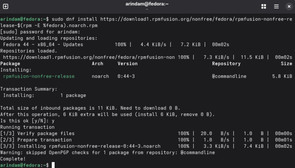Install non-free packages in fedora 44
